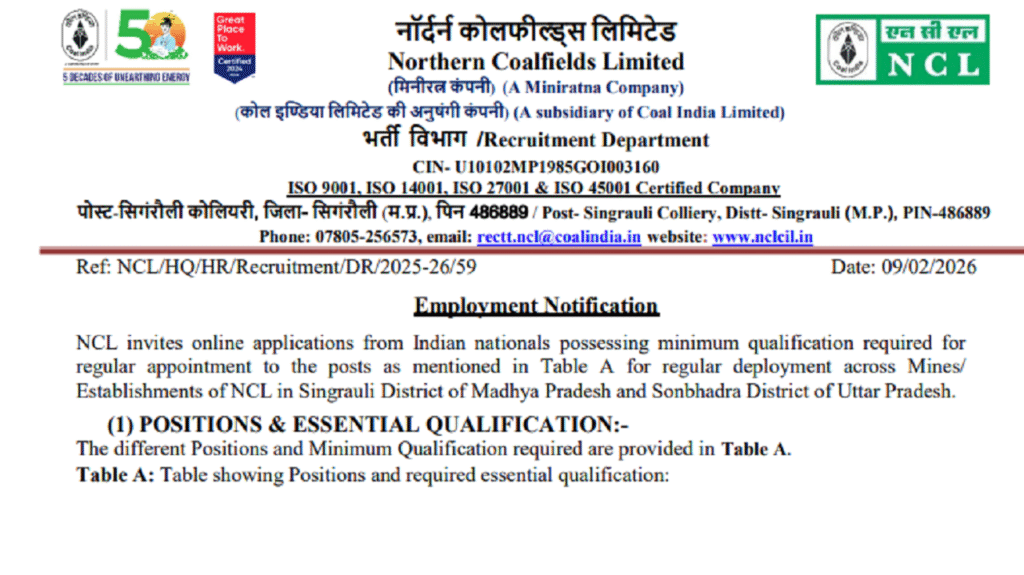 NCL Recruitment 2026: एनसीएल असिस्टेंट फोरमैन की भर्ती,डिप्लोमा धारकों के लिए सुनहरा मौका